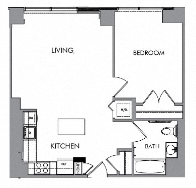 Floor plan for 1 bed, 1 bath, 673 sqft